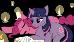 Size: 1193x687 | Tagged: artist needed, source needed, useless source url, safe, derpibooru import, pinkie pie, twilight sparkle, unicorn twilight, unicorn, book, candle, female, lesbian, shipping, sleeping, twinkie