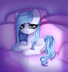 Size: 7200x7600 | Tagged: safe, artist:opal_radiance, derpibooru import, pegasus, pony, bed, blue eyes, blue hair, cuddling, pillow, relaxing, rest, snuggling, solo, white