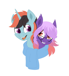 Size: 1751x1919 | Tagged: safe, artist:karzii, derpibooru import, oc, oc only, oc:aegis lance, oc:ardent dusk, alicorn, bat pony, hybrid, pegabat, pegasus, pony, bust, clothes, couple, cute, female, freckles, glasses, male, scarf, simple background, white background