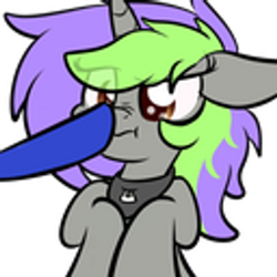 Size: 512x512 | Tagged: artist needed, safe, derpibooru import, oc, oc only, oc:frenzy nuke, pony, unicorn, boop, collar, scrunchy face, simple background, transparent background