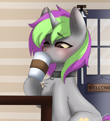 Size: 2000x2200 | Tagged: artist needed, safe, derpibooru import, oc, oc only, oc:frenzy nuke, pony, unicorn, chocolate, collar, drink, drinking, food, hot chocolate