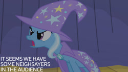 Size: 1280x720 | Tagged: safe, derpibooru import, edit, edited screencap, editor:quoterific, screencap, trixie, pony, unicorn, boast busters, season 1, cape, clothes, female, hat, mare, open mouth, solo, trixie's cape, trixie's hat