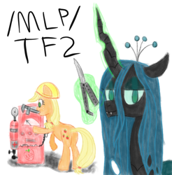 Size: 1000x1016 | Tagged: safe, artist:purppone, derpibooru import, applejack, queen chrysalis, earth pony, pony, /mlp/, /mlp/ tf2 general, blonde, blonde mane, blonde tail, butt, butterfly knife, dispenser, engiejack, engineer, female, green eyes, knife, levitation, magic, mare, mouth hold, plot, spy, team fortress 2, telekinesis, wrench