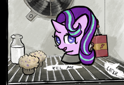 Size: 1969x1354 | Tagged: artist needed, safe, derpibooru import, starlight glimmer, pony, /mlp/, /mlp/ tf2 general, dialogue, disembodied head, food, meet the spy, milk, muffin, refrigerator, team fortress 2