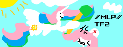 Size: 719x272 | Tagged: safe, derpibooru import, nurse redheart, princess celestia, /mlp/, /mlp/ tf2 general, 1000 hours in ms paint, cloud, flying, market gardener, shovel, sun, team fortress 2