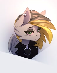 Size: 2370x3025 | Tagged: safe, artist:n_thing, derpibooru import, oc, oc only, oc:tlen borowski, pegasus, bust, cheek fluff, clothes, collar, collar ring, ear piercing, earring, eyebrows, eyebrows visible through hair, eyelashes, eyeshadow, female, high res, jacket, jewelry, leather jacket, looking at you, makeup, pegasus oc, piercing, solo, two toned mane, wings