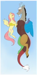 Size: 2000x4000 | Tagged: safe, artist:shchavel, derpibooru import, discord, fluttershy, draconequus, pegasus, pony, blue background, blushing, commission, duo, eyes closed, female, flying, gradient background, high res, holding a pony, looking at each other, looking at someone, male, mare, simple background, smiling
