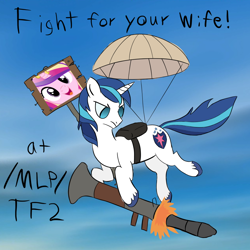 Size: 1000x1000 | Tagged: safe, artist:purppone, derpibooru import, princess cadance, shining armor, /mlp/, /mlp/ tf2 general, conscientious objector, parachute, rocket, rocket launcher, soldier, team fortress 2