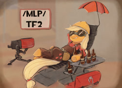 Size: 2928x2103 | Tagged: artist needed, safe, derpibooru import, applejack, earth pony, pony, /mlp/, /mlp/ tf2 general, engiejack, engineer, female, goggles, mare, rancho relaxo, relaxing, sentry, team fortress 2