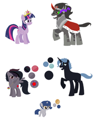 Size: 1172x1556 | Tagged: safe, artist:mlplpstoycustoms, derpibooru import, king sombra, twilight sparkle, oc, alicorn, pegasus, pony, unicorn, base used, color palette, family, female, male, offspring, parent:king sombra, parent:twilight sparkle, parents:twibra, shipping, straight, twibra