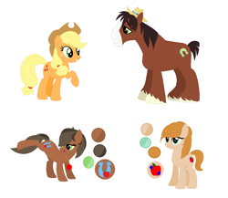 Size: 1244x1080 | Tagged: safe, artist:mlplpstoycustoms, derpibooru import, applejack, trouble shoes, oc, earth pony, pony, base used, blonde, blonde mane, blonde tail, color palette, family, female, green eyes, male, offspring, parent:applejack, parent:trouble shoes, parents:troublejack, shipping, simple background, straight, troublejack, white background