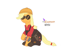 Size: 2000x1800 | Tagged: safe, artist:bloonacorn, derpibooru import, applejack, earth pony, pony, crossover, engiejack, engineer, female, mare, simple background, solo, team fortress 2, transparent background