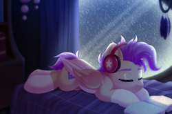 Size: 2000x1320 | Tagged: safe, artist:dinoalpaka, derpibooru import, oc, oc only, oc:bulwark, pegasus, pony, book, commission, headphones, rain, solo, window