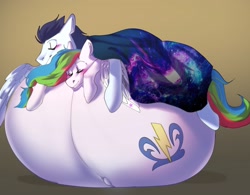 Size: 2560x1995 | Tagged: safe, artist:lainystar, derpibooru import, soarin', oc, oc:unya, pegasus, pony, belly, belly bed, big belly, huge belly, hyper, hyper belly, hyper pregnancy, impossibly large belly, male, male pregnancy, paternity mark, pregnant, sleeping