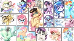 Size: 1920x1079 | Tagged: safe, artist:phoenixrk49, derpibooru import, dj pon-3, fluttershy, lyra heartstrings, pinkie pie, rainbow dash, rarity, scootaloo, trixie, twilight sparkle, unicorn twilight, vinyl scratch, oc, butterfly, earth pony, pegasus, pony, unicorn, arrow, butt, cape, clothes, emanata, eye clipping through hair, eyebrows, eyebrows visible through hair, flower, flower in hair, glasses, hat, headphones, heart, hoof on cheek, jewelry, looking at you, necklace, numbers, one eye closed, pinkamena diane pie, plot, scooter, signature, spread wings, stars, trixie's cape, trixie's hat, vinyl's glasses, wings, wink, winking at you
