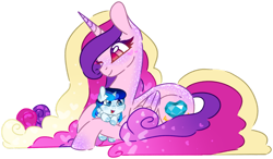 Size: 1280x749 | Tagged: safe, artist:maximumpiracy, derpibooru import, princess cadance, oc, oc:cerulean amor, alicorn, pony, baby, baby pony, base used, duo, lying down, male, offspring, parent:princess cadance, parent:shining armor, parents:shiningcadance, prone, simple background, transparent background