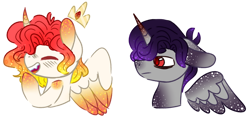 Size: 1280x639 | Tagged: safe, artist:maximumpiracy, derpibooru import, oc, oc only, alicorn, pony, alicorn oc, base used, bust, duo, eyes closed, floating wings, horn, male, offspring, parent:king sombra, parent:princess celestia, parents:celestibra, simple background, smiling, stallion, transparent background, wings