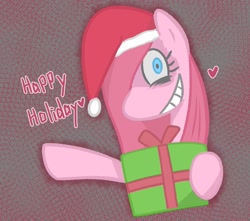 Size: 1211x1071 | Tagged: safe, artist:garammasara, derpibooru import, pinkie pie, earth pony, pony, bust, christmas, emanata, female, gritted teeth, hair over one eye, happy holidays, hat, heart, holiday, looking at you, mare, pinkamena diane pie, present, santa hat, smiling, smiling at you, solo