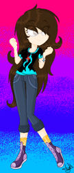 Size: 258x596 | Tagged: safe, artist:yulianapie26, derpibooru import, oc, oc only, equestria girls, abstract background, base used, clothes, eye clipping through hair, gradient background, pants, shoes, signature, smiling, solo