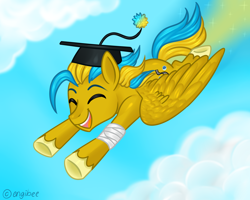 Size: 5000x4000 | Tagged: safe, artist:kaikururu, derpibooru import, oc, oc only, pegasus, pony, cloud, flying, graduation cap, hat, male, outdoors, pegasus oc, solo, stallion, underhoof, wings