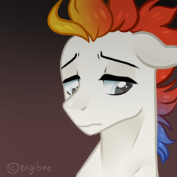 Size: 500x500 | Tagged: safe, artist:kaikururu, derpibooru import, oc, oc only, pony, bust, frown, male, multicolored hair, rainbow hair, solo, stallion