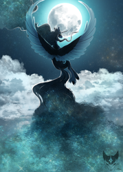 Size: 3000x4200 | Tagged: safe, artist:lastaimin, derpibooru import, princess luna, alicorn, pony, cloud, ethereal mane, ethereal tail, high res, horn, looking back, moon, night, palindrome get, signature, solo, spread wings, tail, wings