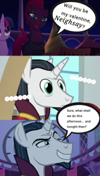 Size: 1080x1908 | Tagged: safe, artist:decokelow, derpibooru import, edit, edited screencap, screencap, chancellor neighsay, tempest shadow, twilight sparkle, twilight sparkle (alicorn), alicorn, pony, unicorn, additional details, additional text, asking, clothes, female, grin, holiday, male, mare, photo, robe, shipping, smiling, smirk, speech bubble, speechless, straight, tempest neighsay, text, valentine, valentine's day, wingding eyes