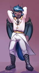 Size: 1604x3000 | Tagged: safe, artist:jedayskayvoker, derpibooru import, oc, oc:nocturne star, anthro, bat pony, anthro oc, bat pony oc, bat wings, blushing, clothes, looking at you, male, patreon, patreon reward, sketch, solo, stallion, sultry pose, wings