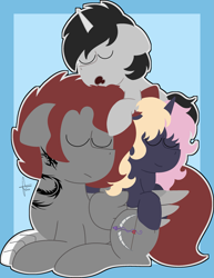 Size: 2253x2915 | Tagged: safe, artist:finnythewolfie, derpibooru import, oc, oc:artfulcord, oc:cyan delta, oc:marzipan creme, pegasus, unicorn, cute, female, male, mare, sleeping, stallion