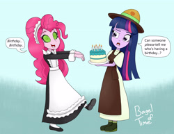 Size: 3300x2550 | Tagged: safe, artist:bageloftime, derpibooru import, pinkie pie, twilight sparkle, twilight sparkle (alicorn), alicorn, equestria girls, cake, candle, clothes, food, hypno eyes, hypnosis, hypnotized, long dress, long skirt, maid, skirt, swirly eyes