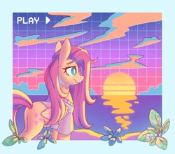 Size: 2820x2480 | Tagged: safe, artist:musicfirewind, derpibooru import, fluttershy, pegasus, pony, clothes, female, glasses, mare, ocean, solo, sunset, water