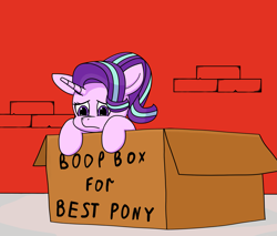 Size: 2277x1943 | Tagged: safe, artist:kpapwiss, derpibooru import, starlight glimmer, pony, unicorn, boop box, box, cute, female, glimmerbetes, mare, pony in a box, sad, sadorable, solo, wall