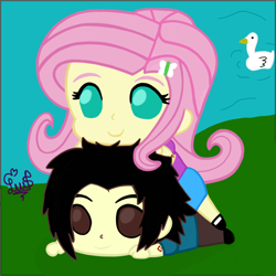 Size: 1000x1000 | Tagged: safe, artist:flutteryaylove, derpibooru import, fluttershy, oc, oc:lusshy aragrev, bird, duck, equestria girls, chibi, drawing, grass, lake, smiling, wide eyes