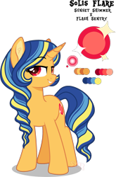 Size: 1739x2632 | Tagged: safe, artist:star-gaze-pony, derpibooru import, oc, oc only, oc:solis flare, pony, unicorn, eyebrows, eyebrows visible through hair, female, full body, grin, high res, hooves, horn, lidded eyes, mare, multicolored mane, multicolored tail, offspring, parent:flash sentry, parent:sunset shimmer, parents:flashimmer, reference sheet, shadow, signature, simple background, smiling, solo, standing, tail, transparent background, unicorn oc