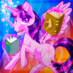 Size: 1024x1024 | Tagged: safe, artist:may-li128, derpibooru import, twilight sparkle, twilight sparkle (alicorn), alicorn, pony, book, female, glowing, glowing horn, horn, magic, solo, telekinesis