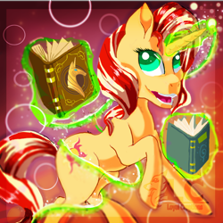 Size: 1024x1024 | Tagged: safe, artist:may-li128, derpibooru import, sunset shimmer, pony, unicorn, book, female, glowing, glowing horn, horn, magic, solo, telekinesis