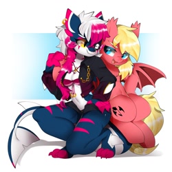 Size: 1280x1280 | Tagged: safe, artist:snow angel, derpibooru import, oc, oc only, bat pony, pony, breasts, clothes, duo, eyepatch, father and child, father and daughter, female, looking at each other, looking at someone, male, parent and child, sparkly eyes, stallion, wingding eyes