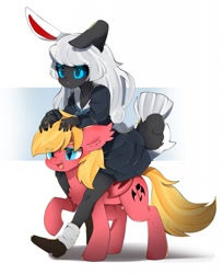 Size: 1045x1280 | Tagged: safe, artist:snow angel, derpibooru import, oc, oc only, bat pony, pony, rabbit, animal, clothes, duo, eye clipping through hair, father and child, father and daughter, female, male, parent and child, riding a pony, stallion