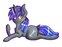 Size: 800x600 | Tagged: safe, artist:kittenburger3, derpibooru import, oc, oc only, oc:ombre gears, pony, unicorn, chest fluff, female, horn, lying down, prone, smiling, solo, unicorn oc