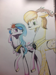 Size: 1613x2160 | Tagged: safe, derpibooru import, princess celestia, oc, oc:king mirael, deer, female, flower, flower in hair, looking at each other, looking at someone, male, mare, stallion, traditional art