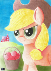 Size: 1700x2338 | Tagged: safe, artist:electric-television, derpibooru import, applejack, earth pony, pony, apple, blonde, blonde mane, female, food, green eyes, solo, traditional art