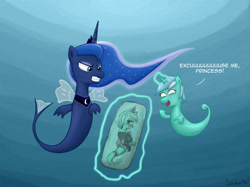 Size: 2640x1970 | Tagged: safe, artist:johnjoseco, artist:shivanking, derpibooru import, lyra heartstrings, princess luna, sea pony, 2012, blushing, body pillow, clothes, duo, luna is not amused, maid, pinpoint eyes, seaponified, seapony luna, seapony lyra, species swap, the legend of zelda, the legend of zelda cartoon, unamused, underwater, well excuse me princess