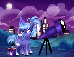 Size: 3484x2706 | Tagged: safe, artist:spookyle, derpibooru import, oc, oc:dream cloud, hybrid, unicorn, bag, city, cityscape, cup, female, magic, mare, night, solo, telescope