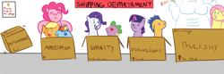 Size: 1800x600 | Tagged: safe, artist:chrisrainicorn, derpibooru import, applejack, bulk biceps, button mash, flash sentry, fluttershy, pinkie pie, rainbow dash, rarity, spike, sweetie belle, twilight sparkle, twilight sparkle (alicorn), alicorn, earth pony, pegasus, pony, unicorn, appledash, box, cardboard box, female, flashlight, flutterbulk, heart eyes, implied button mash, implied sweetie belle, lesbian, literal shipping, male, shipping, sparity, straight, sweetiemash, wingding eyes