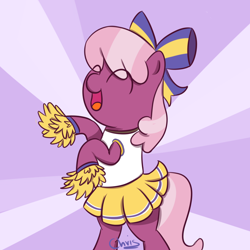 Size: 1000x1000 | Tagged: safe, artist:chrisrainicorn, derpibooru import, cheerilee, earth pony, pony, ^^, bipedal, cheerileeder, cheerleader, cheerleader outfit, clothes, eye clipping through hair, eyes closed, female, mare, open mouth, open smile, signature, skirt, smiling, solo, sunburst background