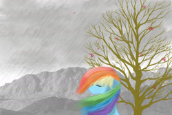 Size: 1800x1200 | Tagged: safe, artist:zoefrancesva, derpibooru import, rainbow dash, pony, eyes closed, female, leaves, rain, solo, tree