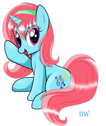 Size: 5075x6000 | Tagged: safe, artist:darkwolfmx, derpibooru import, oc, oc only, oc:tasty frequency, pony, unicorn, absurd resolution, female, full body, hooves, horn, mare, open mouth, open smile, purple eyes, shading, signature, simple background, sitting, smiling, solo, tail, transparent background, unicorn oc, waving