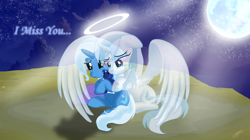 Size: 4000x2239 | Tagged: safe, artist:darkwolfmx, derpibooru import, trixie, oc, oc:rayne lulamoon, alicorn, pony, unicorn, alicorn oc, crying, duo, female, halo, horn, plushie, spirit, teddy bear, wings