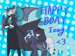 Size: 2048x1536 | Tagged: safe, artist:metaruscarlet, derpibooru import, oc, oc only, oc:elizabat stormfeather, alicorn, bat pony, bat pony alicorn, human, pony, alicorn humanization, alicorn oc, bat pony oc, bat wings, birthday, birthday gift, boots, chest fluff, clothes, coat, duo, fangs, female, grin, horn, horned humanization, humanized, humanized oc, jewelry, mare, necklace, pants, self paradox, self ponidox, shirt, shoes, smiling, t-shirt, winged humanization, wings