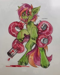 Size: 3000x3750 | Tagged: safe, artist:zlatavector, derpibooru import, oc, oc only, oc:frame gravity, pony, eating, fangs, food, male, soup, tentacles, tin, tomato, tomato soup, trade, traditional art